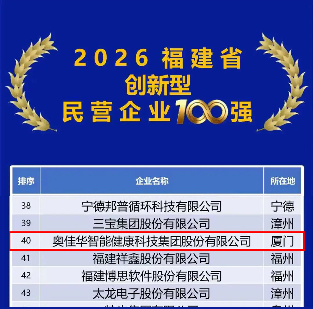 创新驱动 | 奥佳华荣登2026福建省制造业民营企业100强、创新型民营企业100强